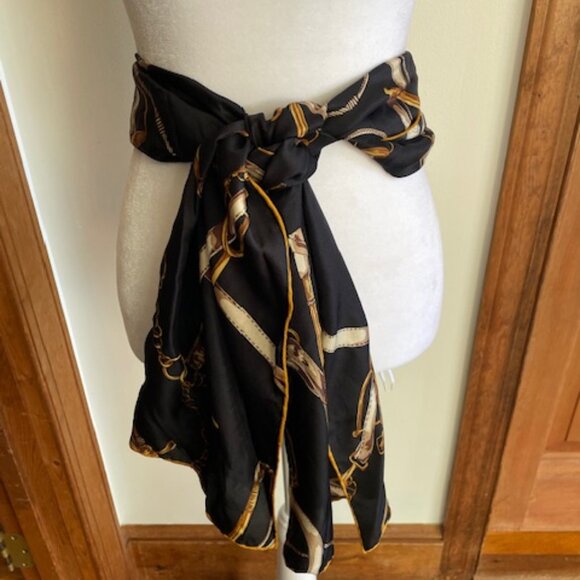 TALBOTS Vintage Silk Scarf Equestrian Print Oblong Black, Brown, Gold - Picture 4 of 14